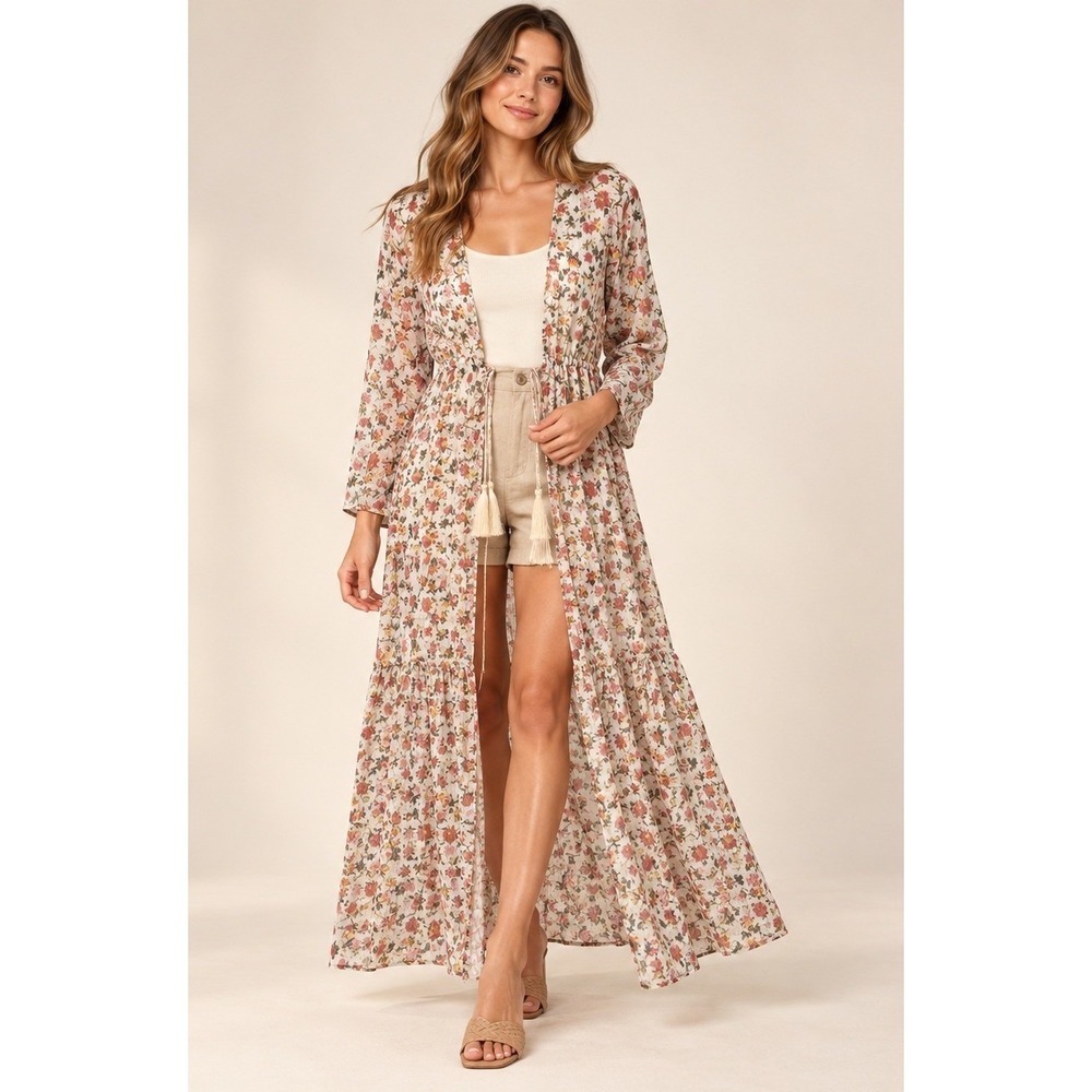 Pink Lily Floral Maxi Duster Women Small Ivory Tassel Boho Resort Cover Up Sheer